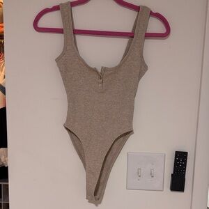 Zara Ribbed Henley Bodysuit in Beige